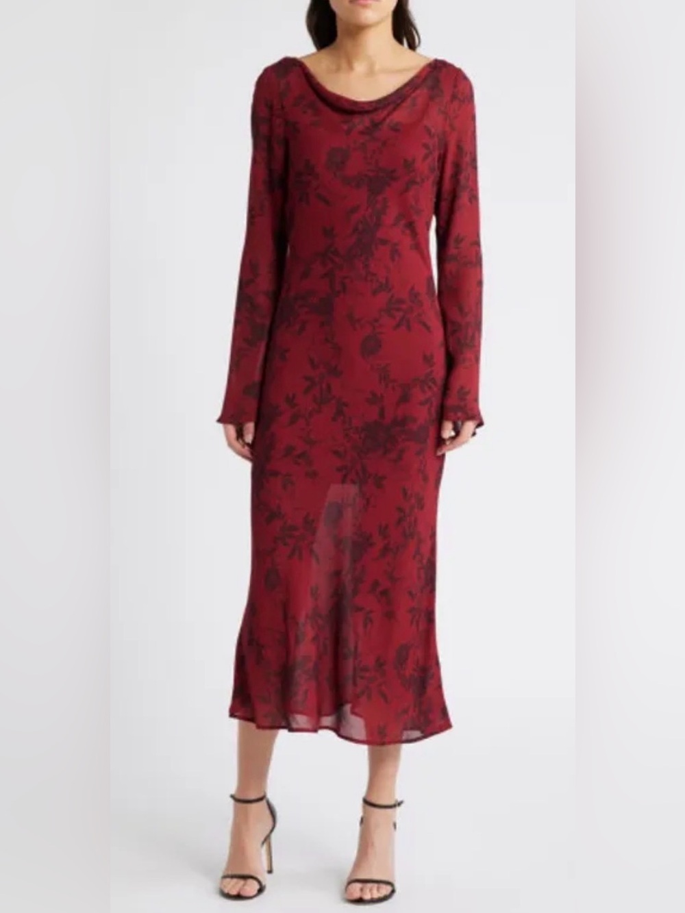 Wayf Cassandra Lined Sheer Burgundy Long Sleeve Floral Maxi Dress | Fall Wedding